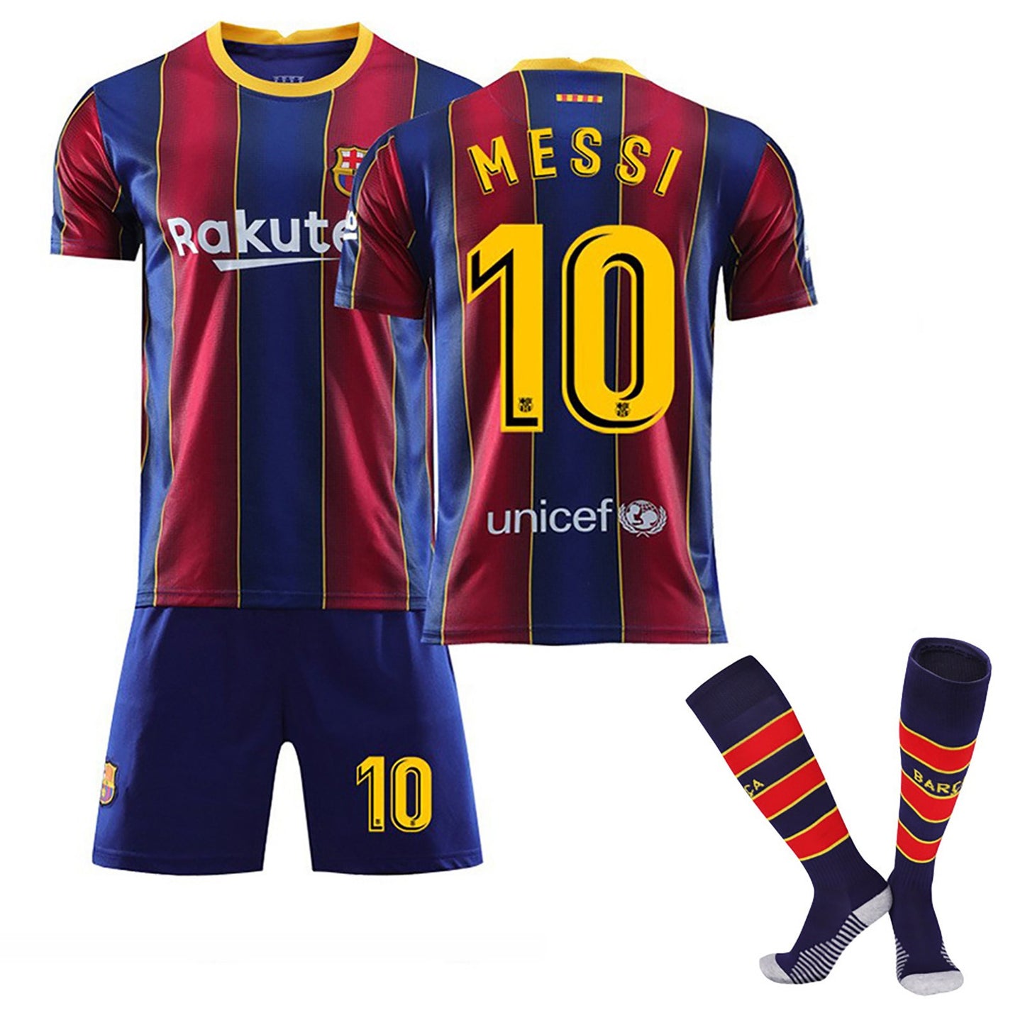 No.10 MESSI Barcelona Fan Jersey Collection 3 piece Set , Home and Away Game Soccer Training Uniform Printed Jersey Shorts Socks Set