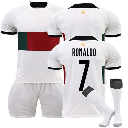 22-23 #7 RONALDO Portugal Soccer Team Away Jersey 3 Piece Sets, Unisex Soccer Training Kit Printed Jersey Shorts Stocking Set