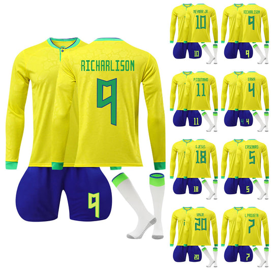 22-23 Brazil Canarinho Soccer Team Fan Long Sleeve Home Jersey 3 Pieces Set, Printed Jersey Shorts Socks Set for Adults