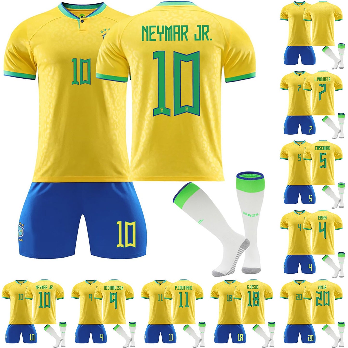 22-23 Brazil Canarinho Soccer Team Fan Home Jersey 3 Pieces Set, Unisex Printed Jerseys Shorts Socks Set for Kids