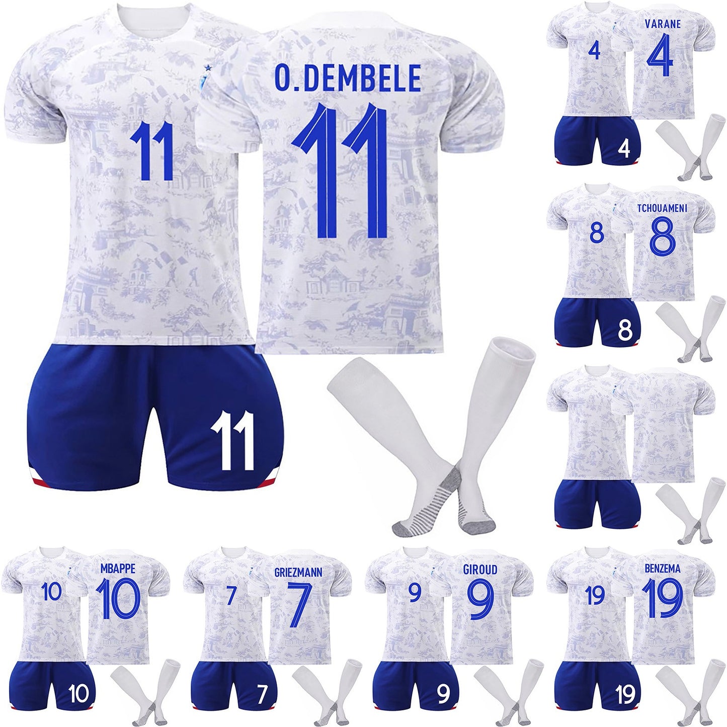 22-23 Season France Away National Football Team Jersey 3 Piece Set, Soccer Training Kit Printed Jersey Shorts Socks Set