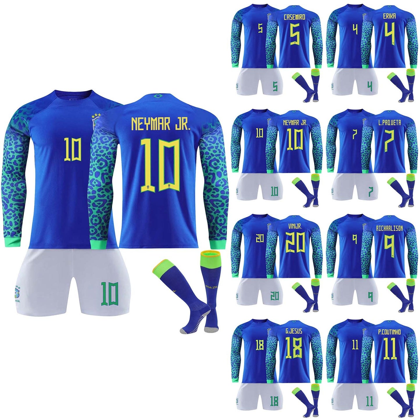 22-23 Brazil Canarinho Soccer Team Fan Long Sleeve Jersey 3 Pieces Set, Away Game Printed Jerseys Shorts Socks Set