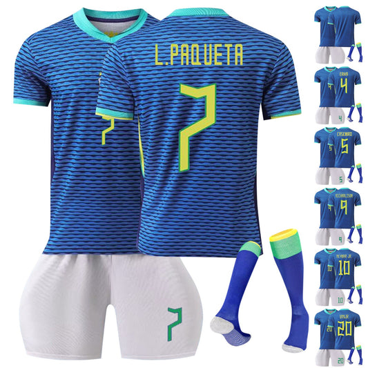 23-24 Brazil Canarinho Soccer Team Fan Away Jersey 3 Piece Set, Unisex Printed Jerseys Shorts Socks Set for Adults