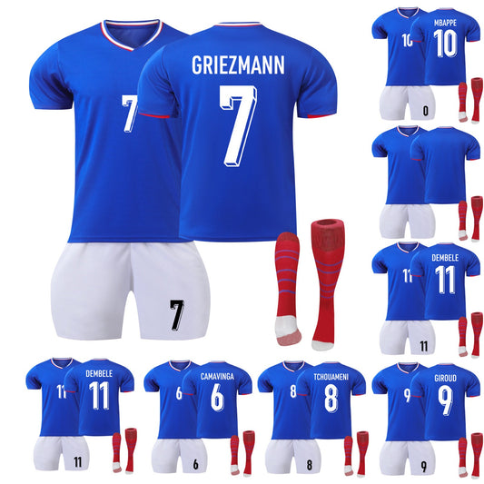 24-25 France Home Jersey 3 Piece Striped Red Socks Style 2 , Soccer Training Kit Printed Jersey Shorts Socks Set