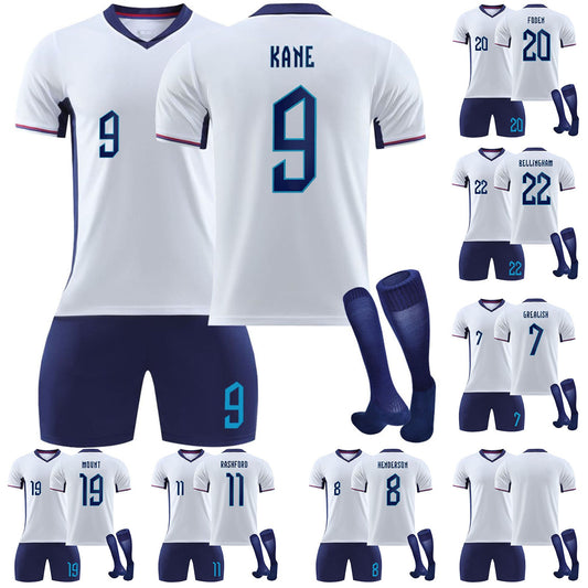 24-25 England Home Games Jersey 3 Piece Set Style 2 for Teenagers, Soccer Training Kit Printed Jersey Shorts Socks Set