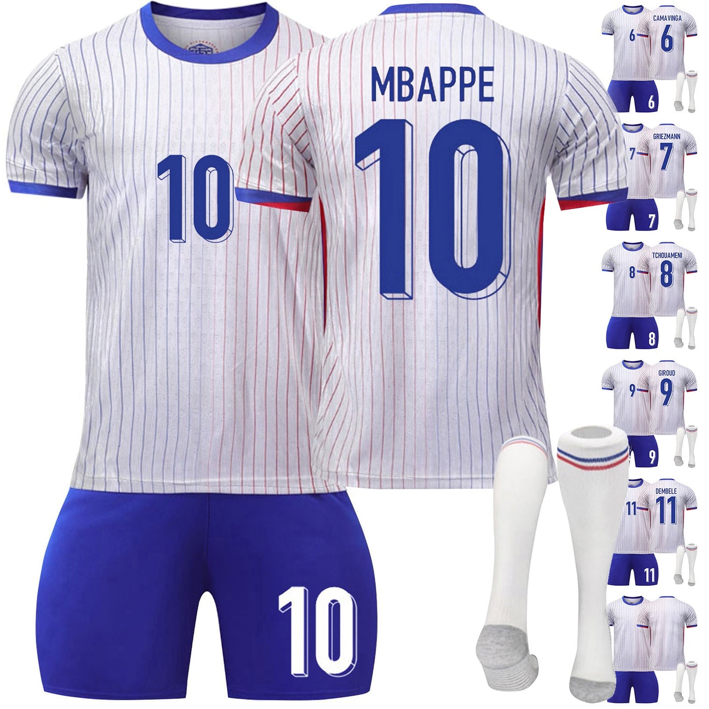 24-25 France Away Jersey 3 Piece Set White Socks with Grey Soles, Soccer Training Kit Printed Jersey Shorts Socks Set