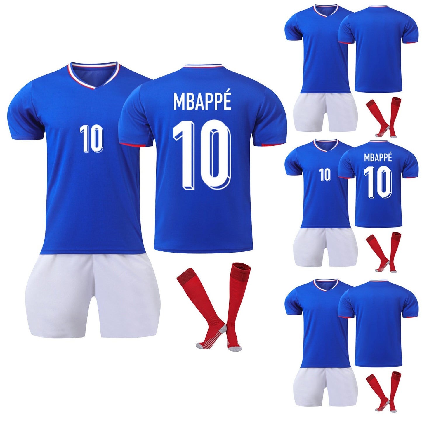 24-25 France Home Jersey 3 Piece Set Red Socks, Soccer Training Kit Printed Jersey Shorts Socks Set