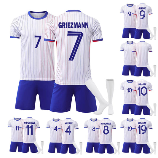 24-25 Game in France (Away) Jersey 3 Piece Set for Teenager Pure white Socks, Soccer Training Kit Printed Jersey Shorts Socks Set