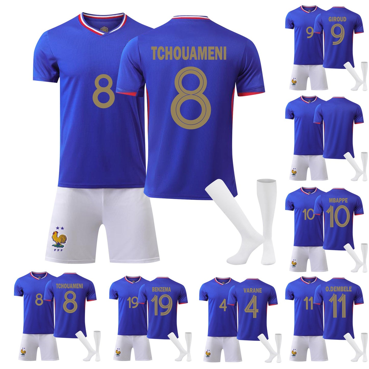 24-25 France Home Jersey 3 Piece Set Pure white Socks, Soccer Training Kit Printed Jersey Shorts Socks Set