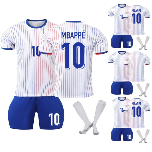 24-25 France Away Jersey 3 Piece Set White Socks with Striped Bottoms, Soccer Training Kit Printed Jersey Shorts Socks Set