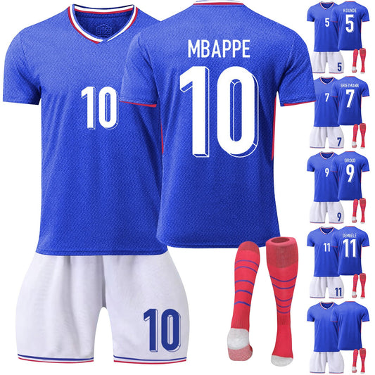 24-25 France Home Jersey 3 Piece Set Striped Red Socks, Soccer Training Kit Printed Jersey Shorts Socks Set