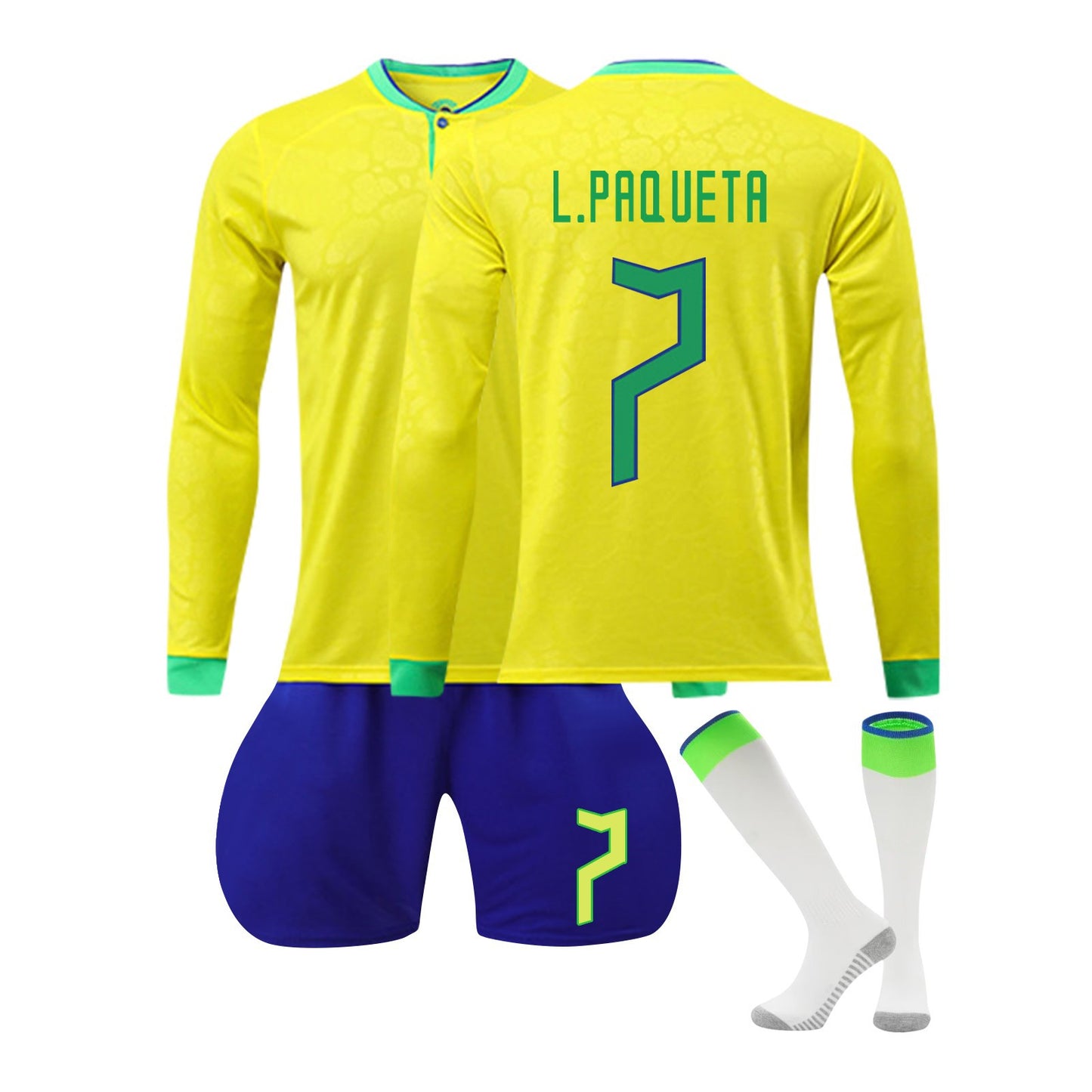 22-23 Brazil Canarinho Soccer Team Fan Long Sleeve Home Jersey 3 Pieces Set, Printed Jersey Shorts Socks Set for Adults