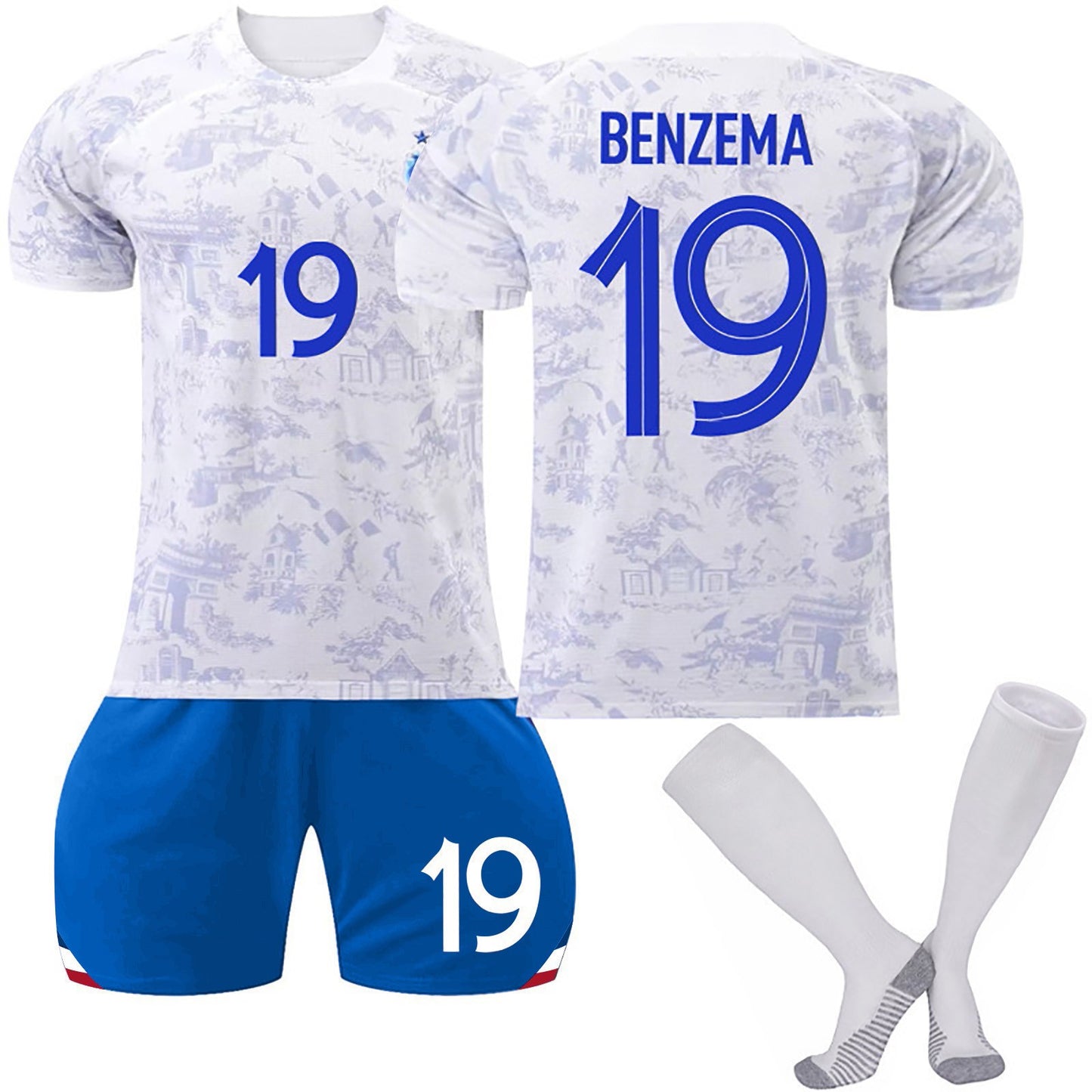 22-23 Season France Away National Football Team Jersey 3 Piece Set, Soccer Training Kit Printed Jersey Shorts Socks Set