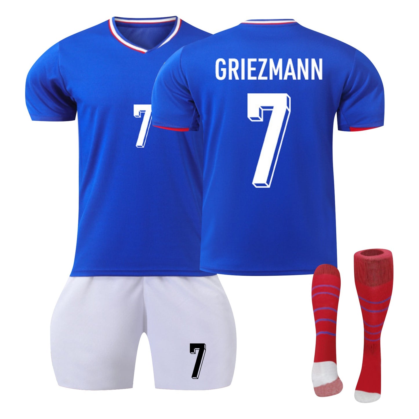 24-25 France Home Jersey 3 Piece Striped Red Socks Style 2 , Soccer Training Kit Printed Jersey Shorts Socks Set