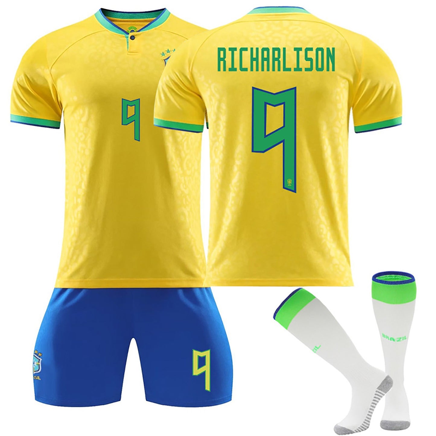 22-23 Brazil Canarinho Soccer Team Fan Home Jersey 3 Pieces Set, Unisex Printed Jerseys Shorts Socks Set for Kids