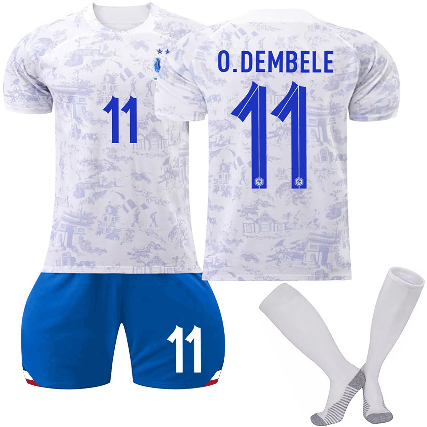 22-23 Season France Away National Football Team Jersey 3 Piece Set, Soccer Training Kit Printed Jersey Shorts Socks Set