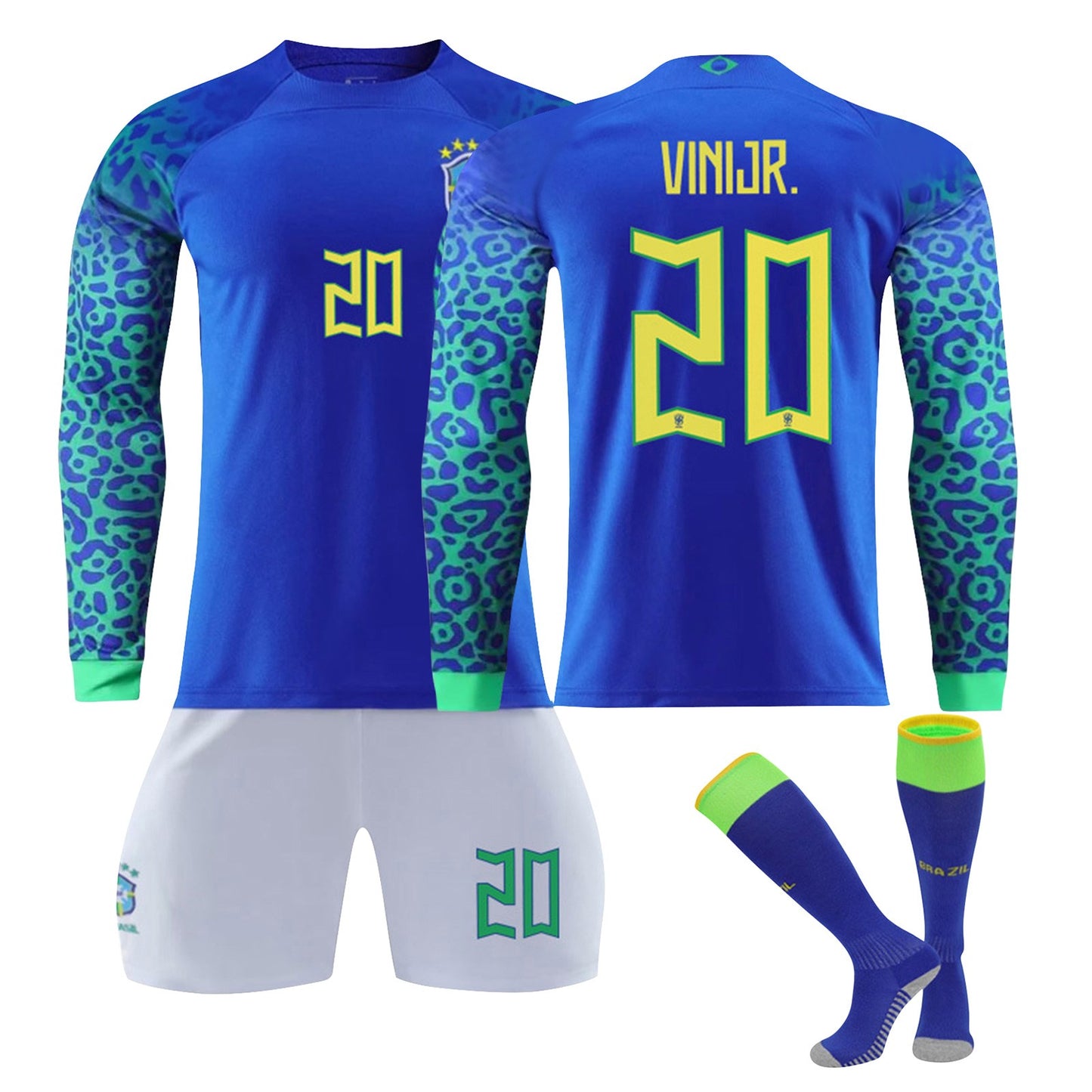 22-23 Brazil Canarinho Soccer Team Fan Long Sleeve Jersey 3 Pieces Set, Away Game Printed Jerseys Shorts Socks Set