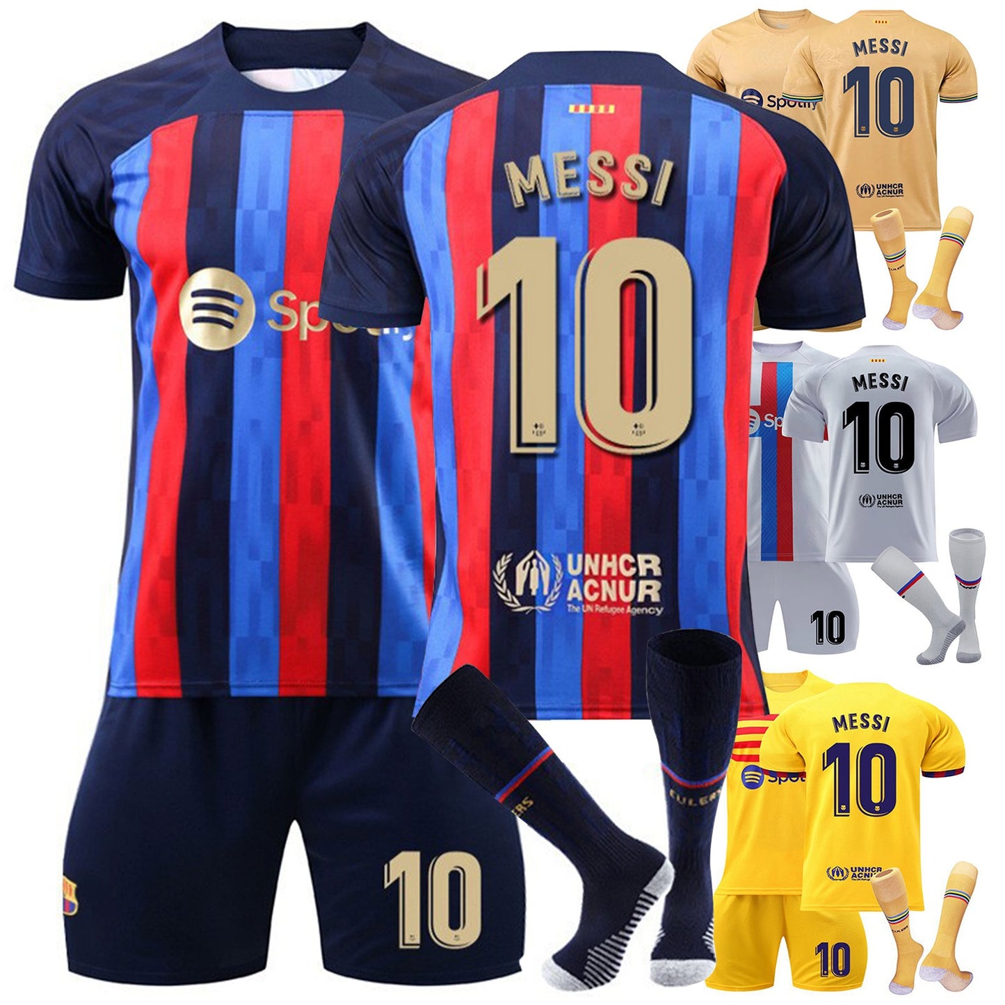 No.10 MESSI Barcelona Fan Jersey Collection 3 piece Set , Home and Away Game Soccer Training Uniform Printed Jersey Shorts Socks Set