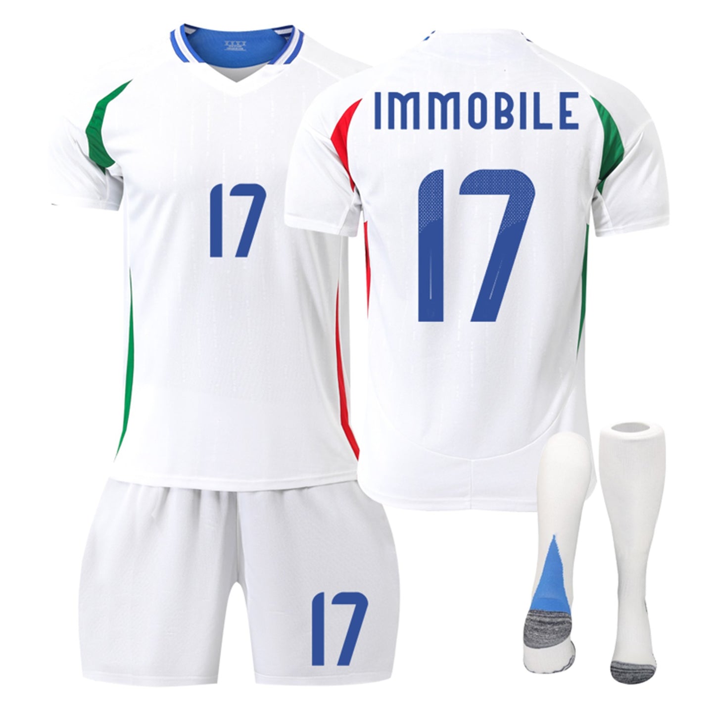 24-25 Italy Away Jersey 3 Piece Set White Socks, Soccer Training Kit Printed Jersey Shorts Socks Set