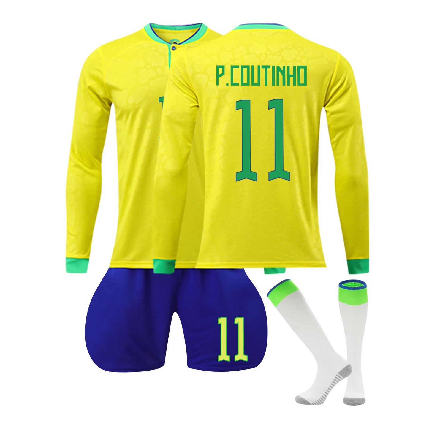 22-23 Brazil Canarinho Soccer Team Fan Long Sleeve Home Jersey 3 Pieces Set, Printed Jersey Shorts Socks Set for Adults