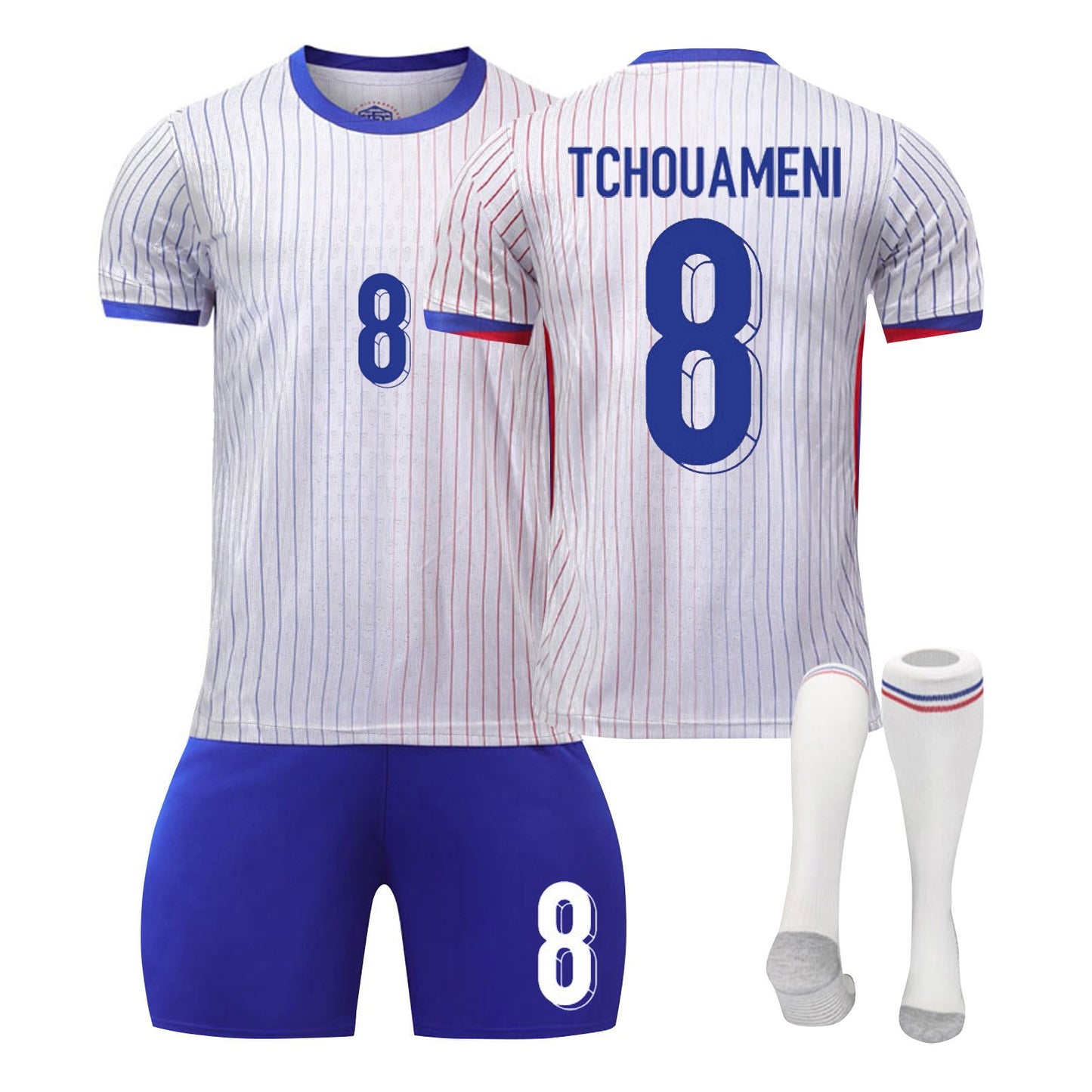 24-25 France Away Jersey 3 Piece Set White Socks with Grey Soles, Soccer Training Kit Printed Jersey Shorts Socks Set