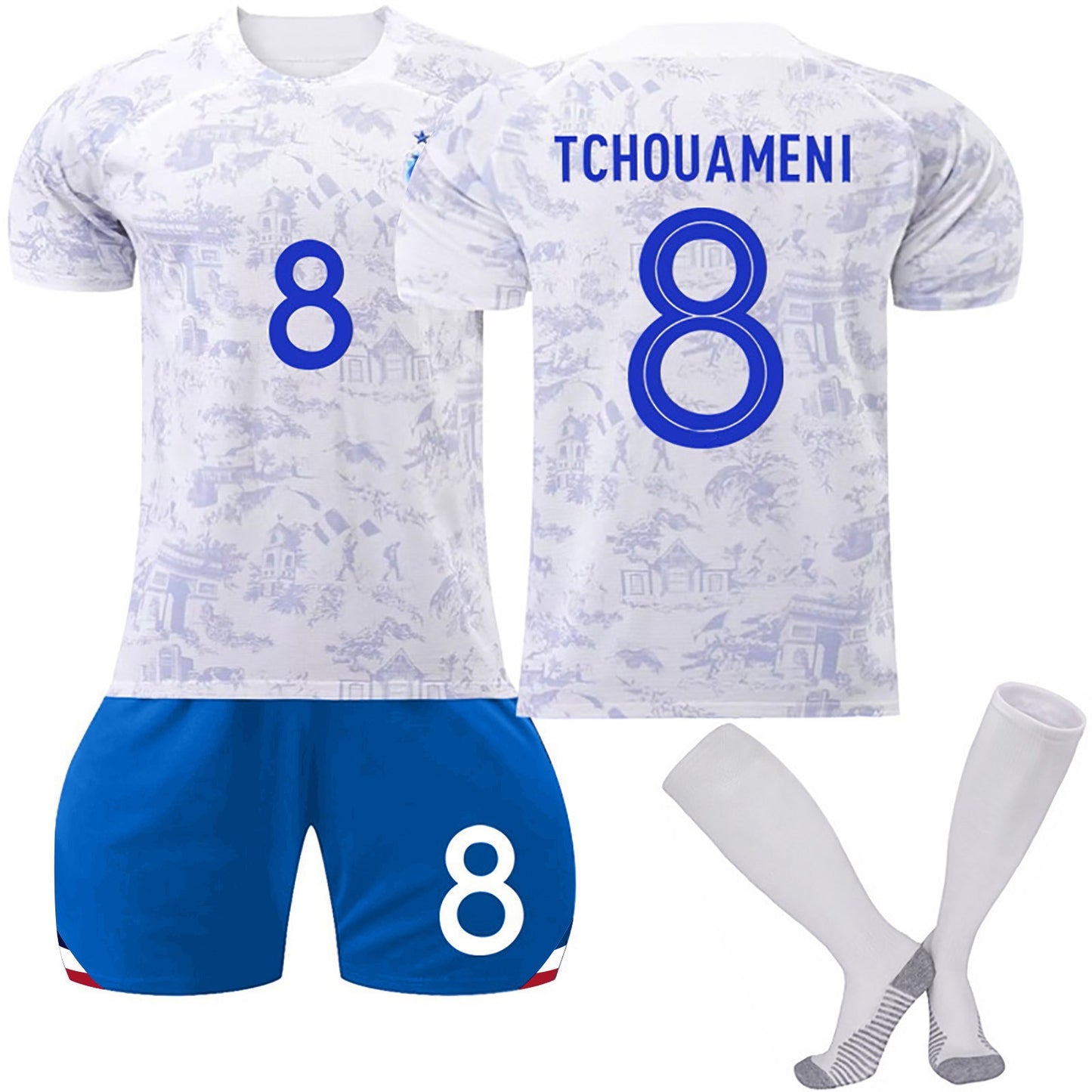 22-23 Season France Away National Football Team Jersey 3 Piece Set, Soccer Training Kit Printed Jersey Shorts Socks Set