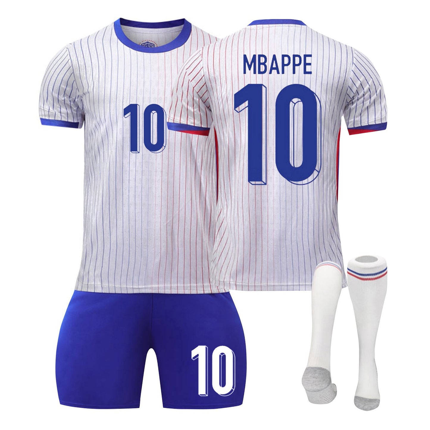 24-25 France Away Jersey 3 Piece Set White Socks with Grey Soles, Soccer Training Kit Printed Jersey Shorts Socks Set