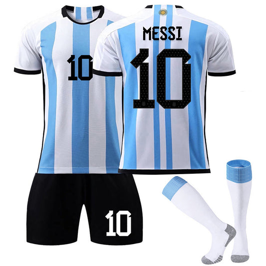 22-23 No.10 MESSI Argentina Soccer Team Home Jersey 3 Piece Set, Unisex Soccer Training Kit Printed Jersey Shorts Socks Set