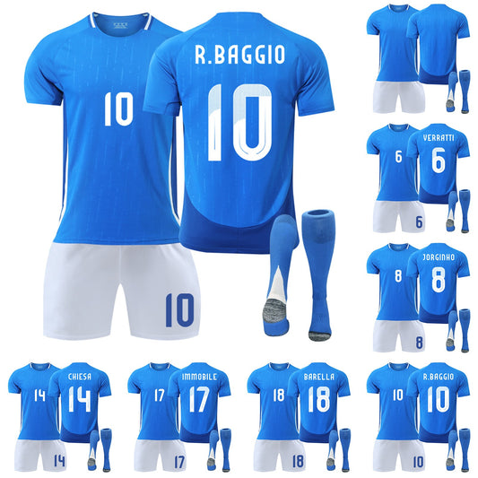 24-25 Italy Home Jersey 3 Piece Set White Trousers, Soccer Training Kit Printed Jersey Shorts Socks Set