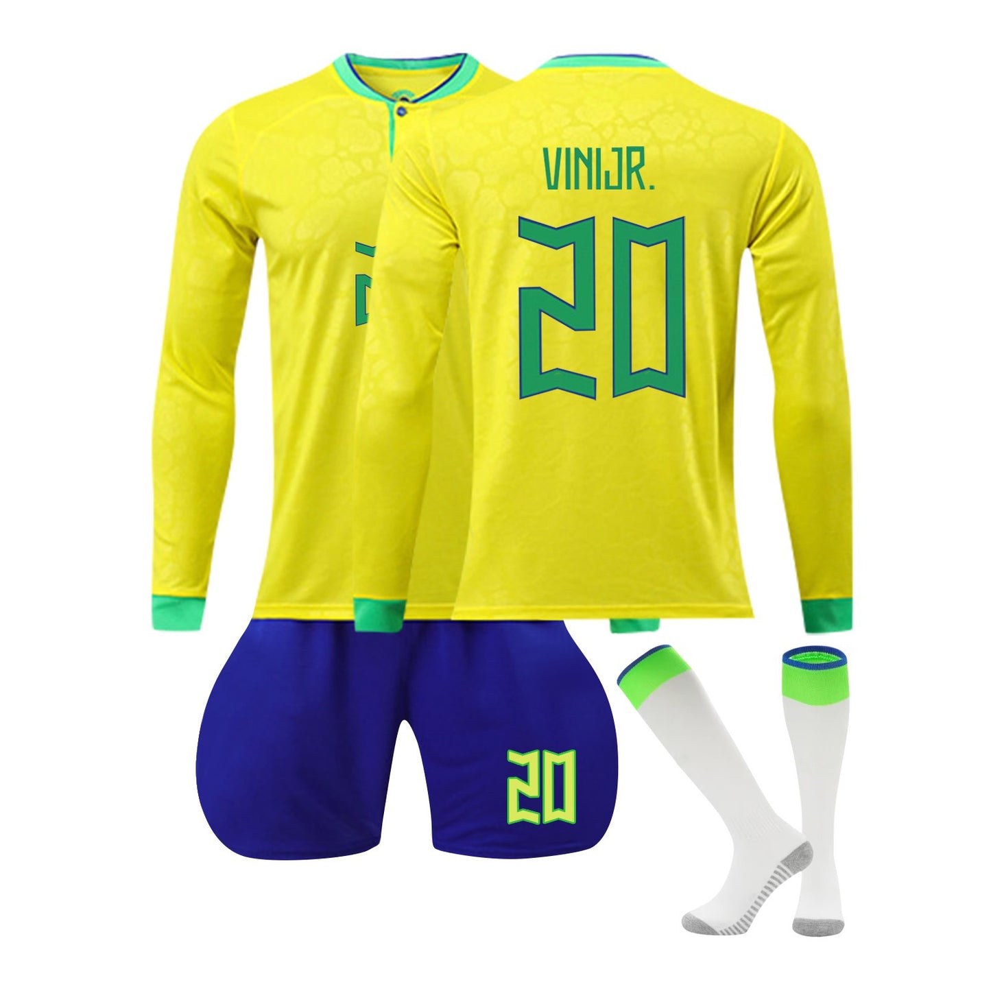 22-23 Brazil Canarinho Soccer Team Fan Long Sleeve Home Jersey 3 Pieces Set, Printed Jersey Shorts Socks Set for Adults