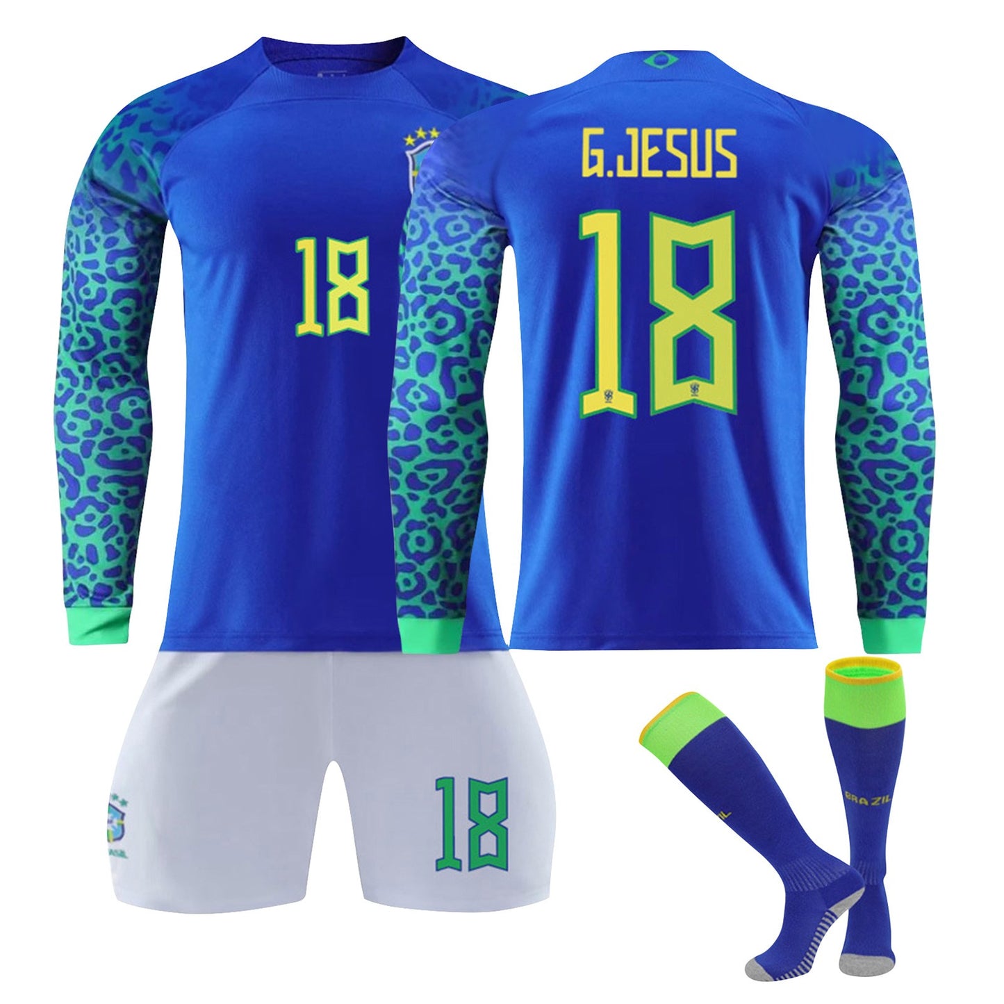 22-23 Brazil Canarinho Soccer Team Fan Long Sleeve Jersey 3 Pieces Set, Away Game Printed Jerseys Shorts Socks Set