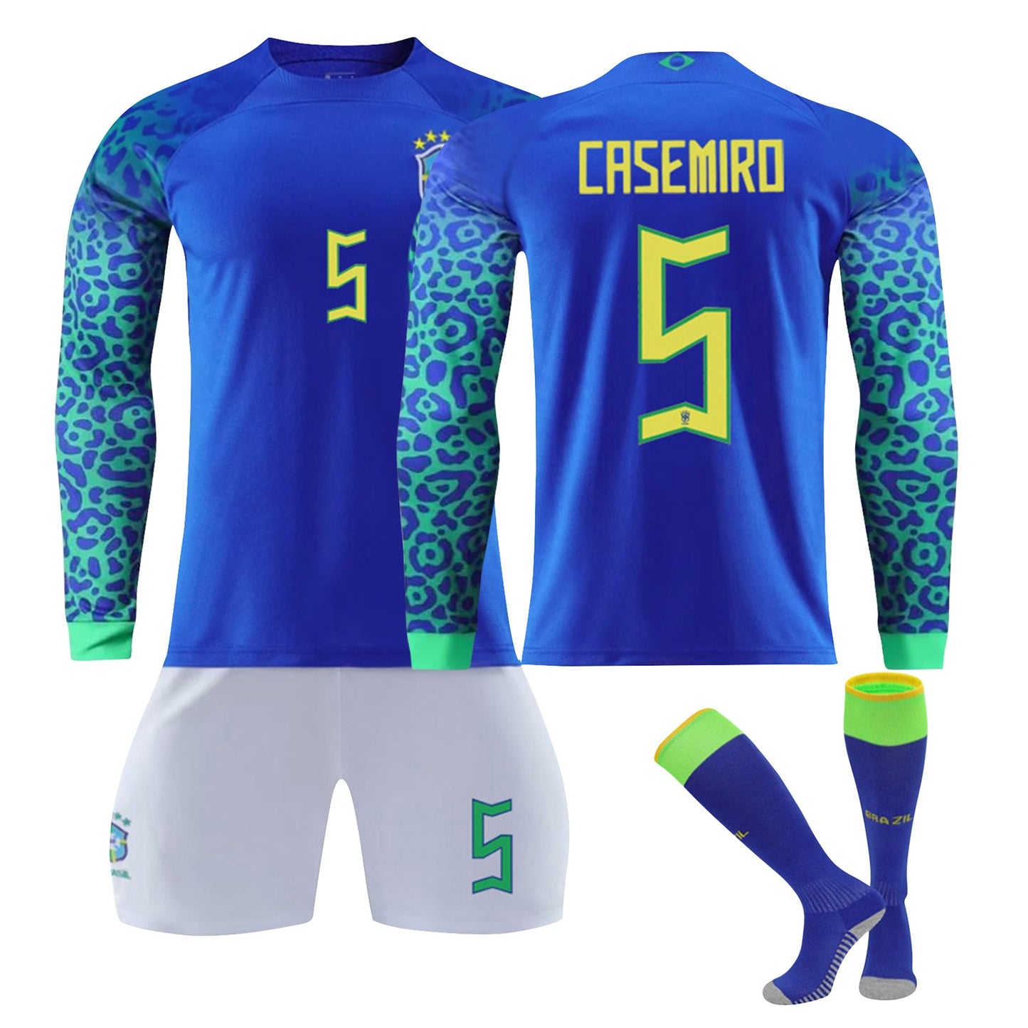 22-23 Brazil Canarinho Soccer Team Fan Long Sleeve Jersey 3 Pieces Set, Away Game Printed Jerseys Shorts Socks Set