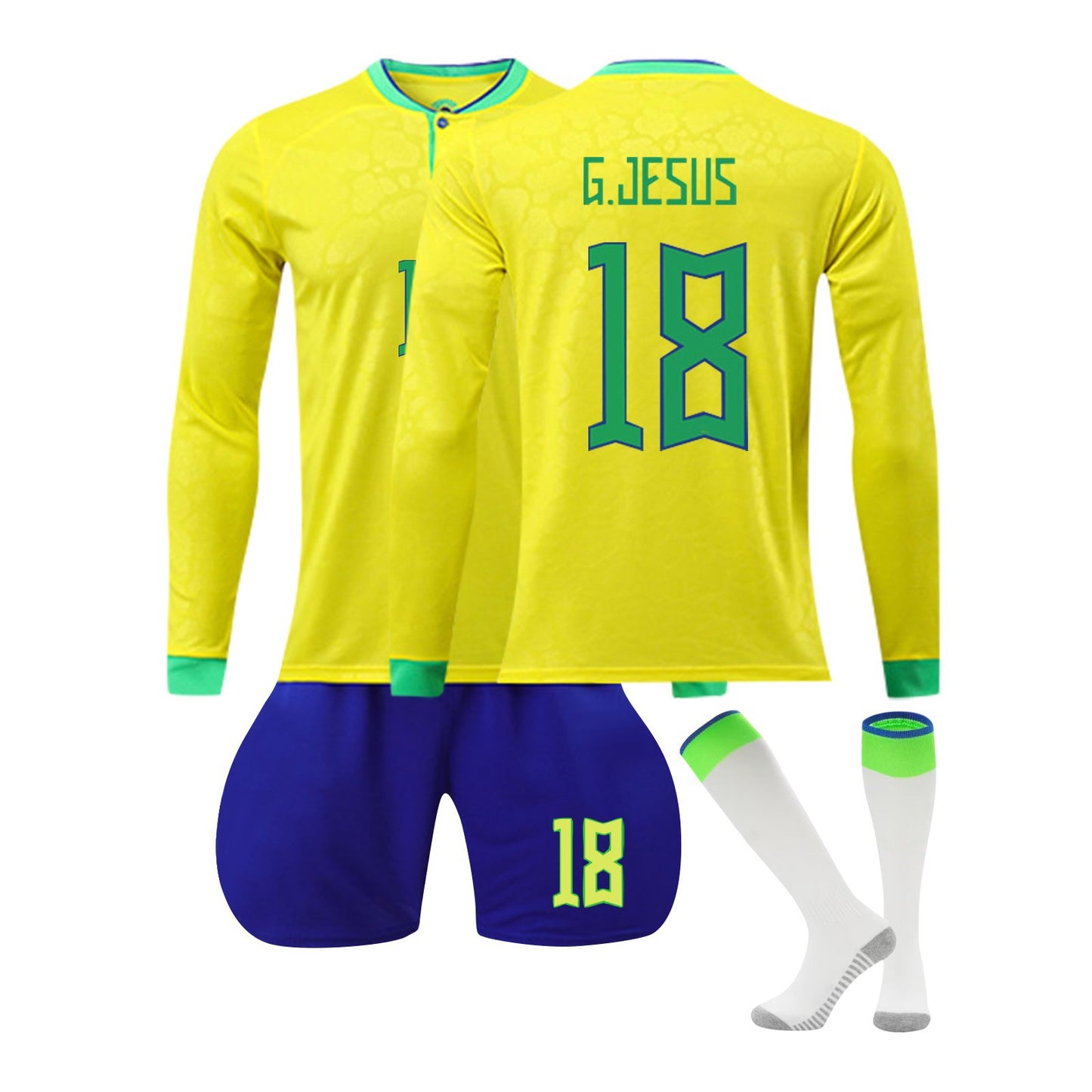 22-23 Brazil Canarinho Soccer Team Fan Long Sleeve Home Jersey 3 Pieces Set, Printed Jersey Shorts Socks Set for Adults