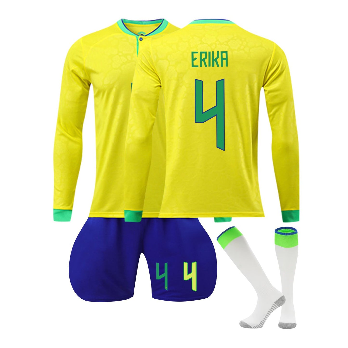 22-23 Brazil Canarinho Soccer Team Fan Long Sleeve Home Jersey 3 Pieces Set, Printed Jersey Shorts Socks Set for Adults