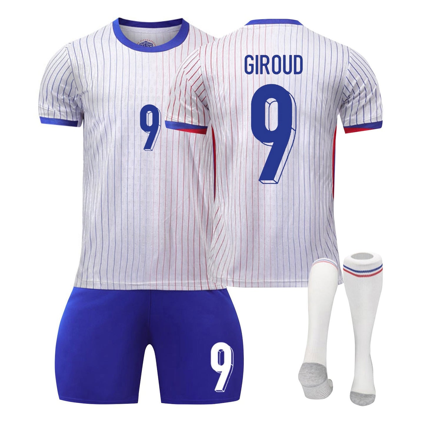 24-25 France Away Jersey 3 Piece Set White Socks with Grey Soles, Soccer Training Kit Printed Jersey Shorts Socks Set