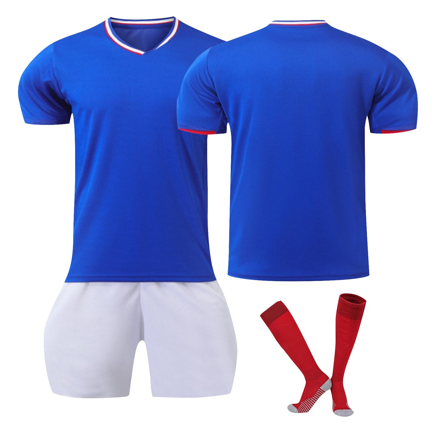 24-25 France Home Jersey 3 Piece Set Red Socks, Soccer Training Kit Printed Jersey Shorts Socks Set