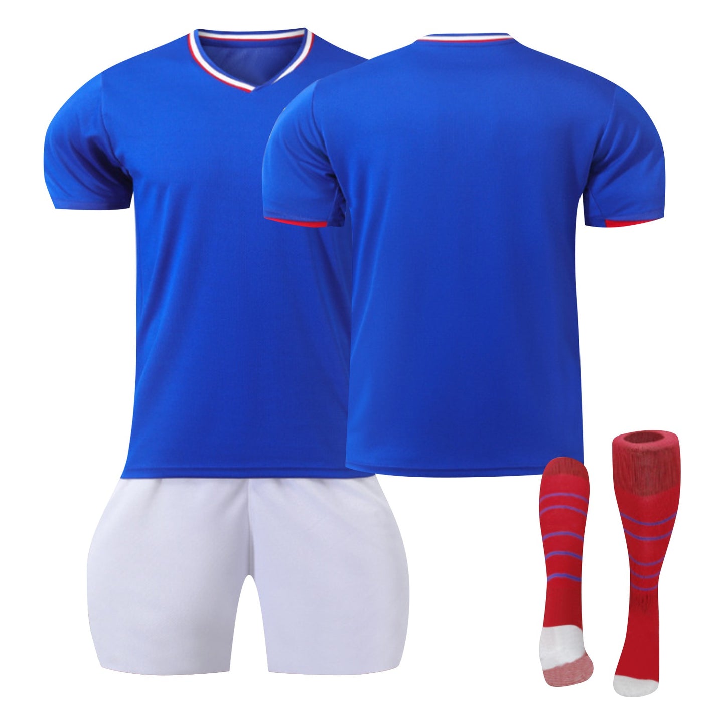 24-25 France Home Jersey 3 Piece Striped Red Socks Style 2 , Soccer Training Kit Printed Jersey Shorts Socks Set