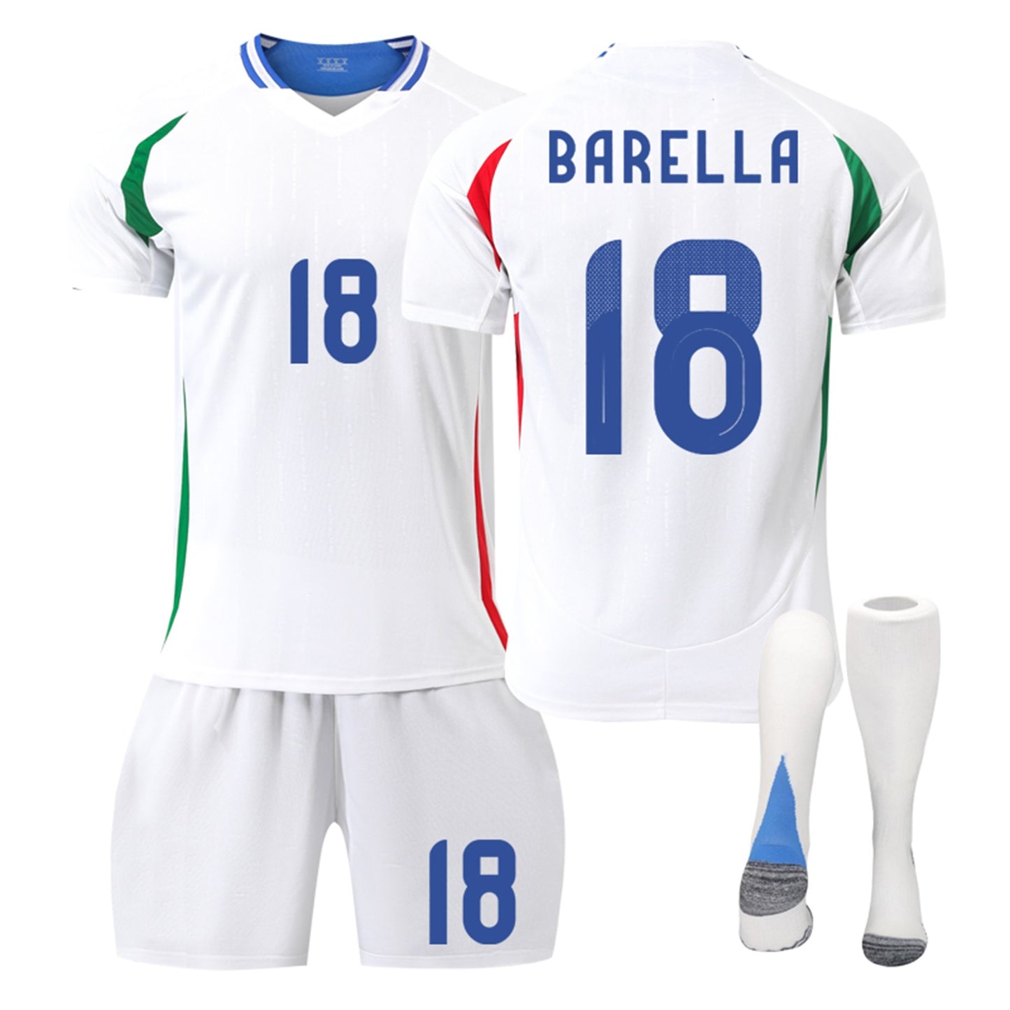 24-25 Italy Away Jersey 3 Piece Set White Socks, Soccer Training Kit Printed Jersey Shorts Socks Set