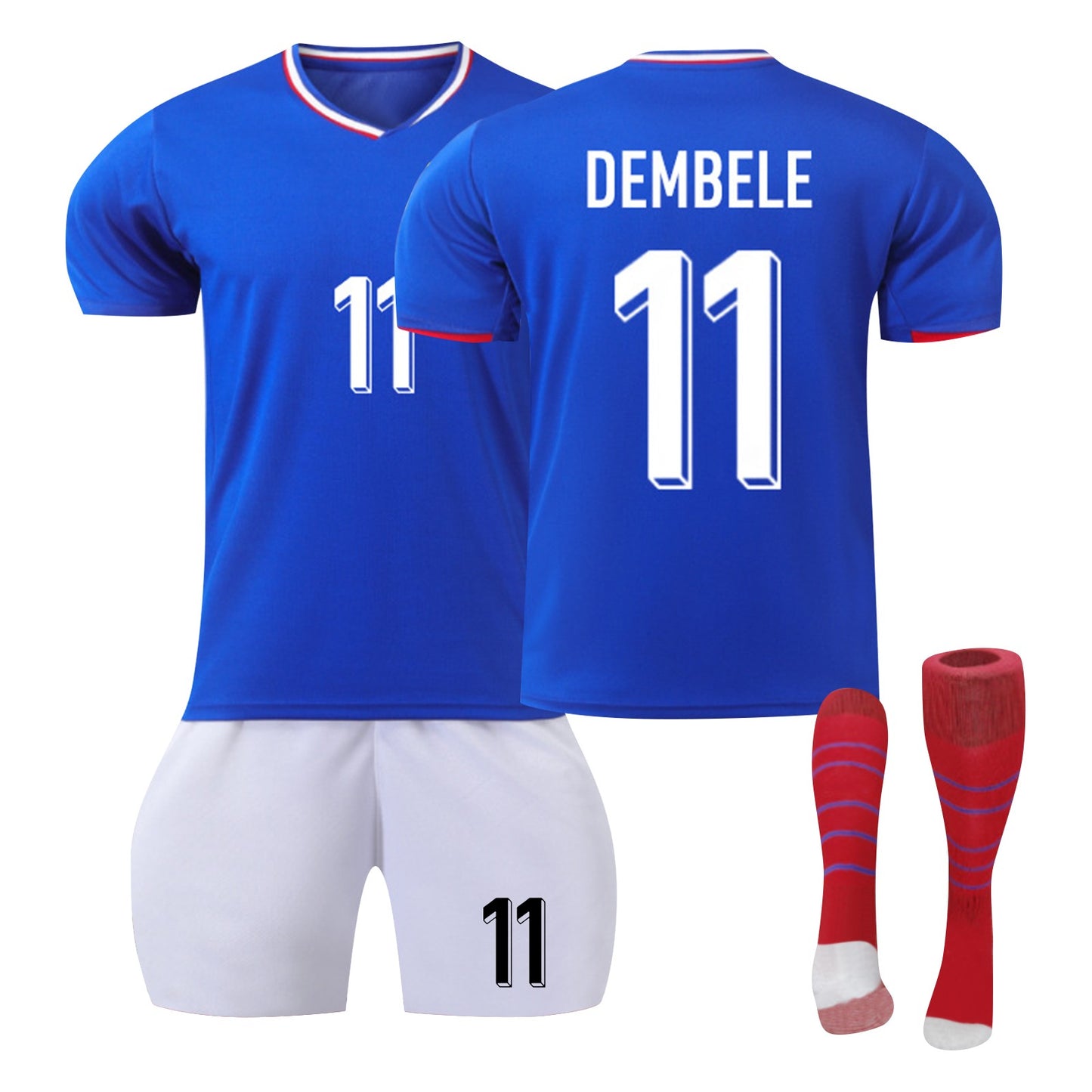 24-25 France Home Jersey 3 Piece Striped Red Socks Style 2 , Soccer Training Kit Printed Jersey Shorts Socks Set