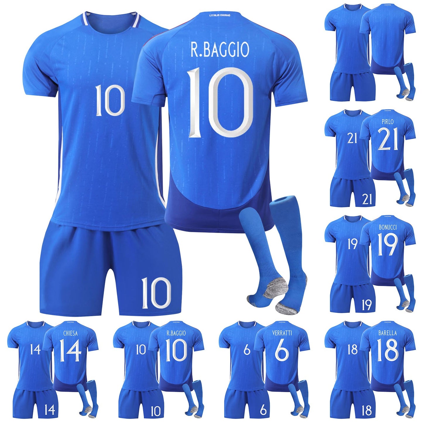 24-25 Italy Home Jersey 3 Piece Set Pure Grey Blue Socks, Soccer Training Kit Printed Jersey Shorts Socks Set