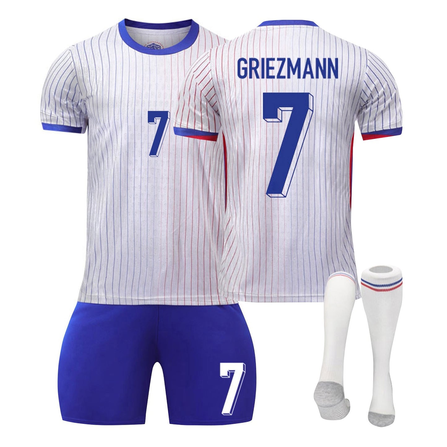 24-25 France Away Jersey 3 Piece Set White Socks with Grey Soles, Soccer Training Kit Printed Jersey Shorts Socks Set