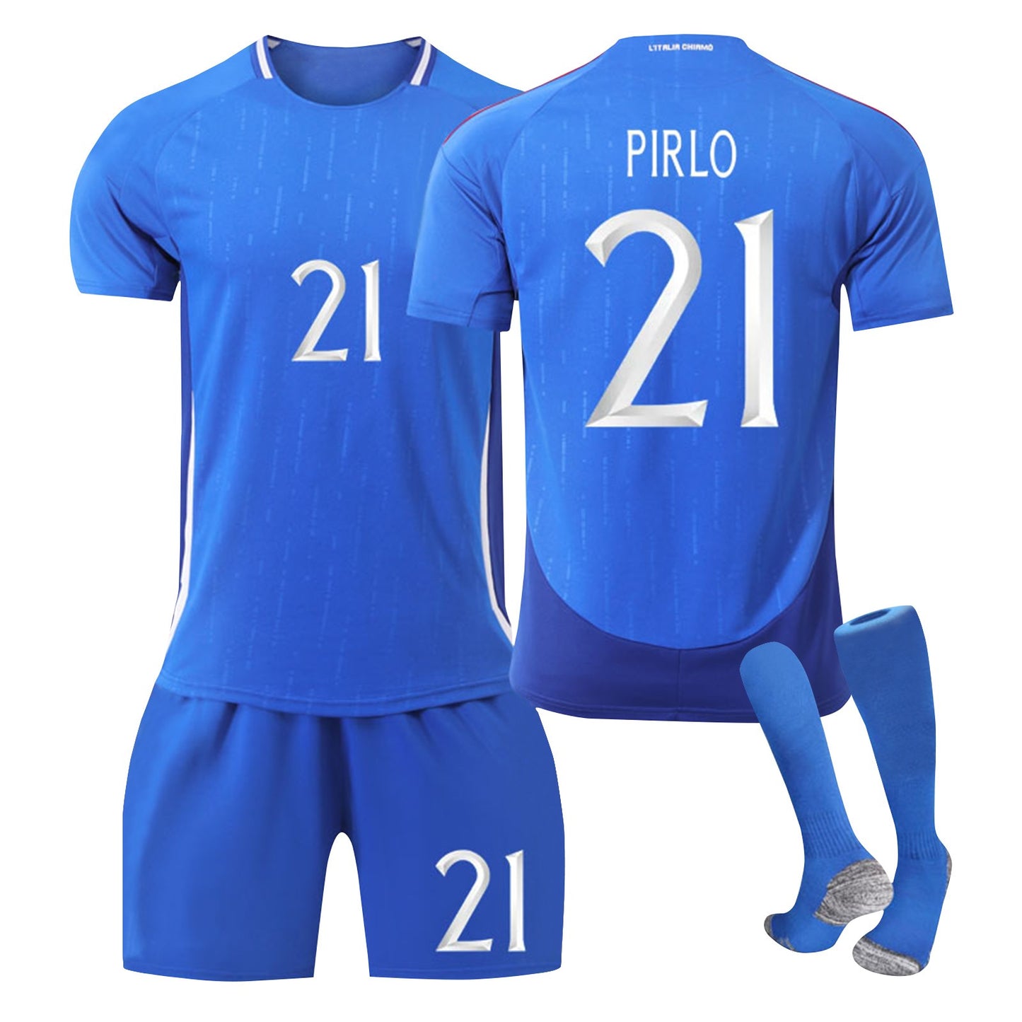 24-25 Italy Home Jersey 3 Piece Set Pure Grey Blue Socks, Soccer Training Kit Printed Jersey Shorts Socks Set