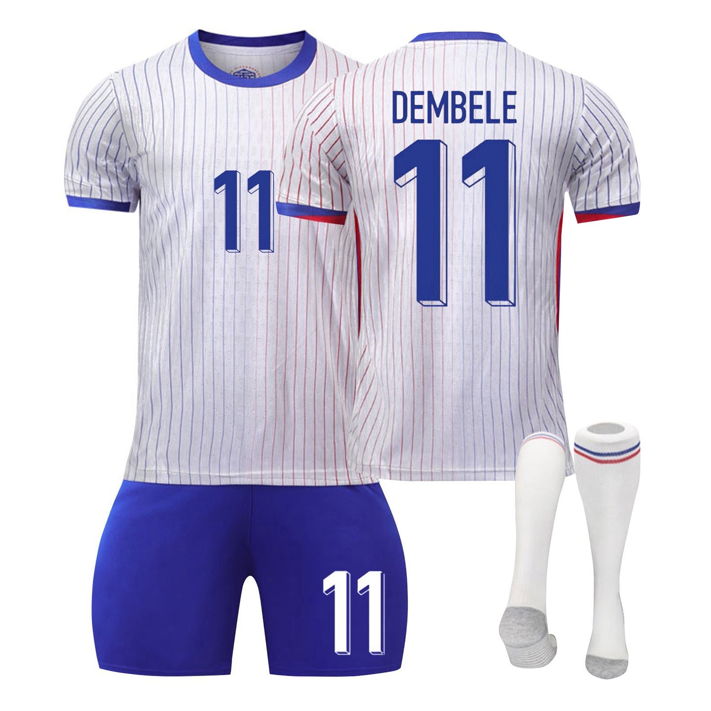 24-25 France Away Jersey 3 Piece Set White Socks with Grey Soles, Soccer Training Kit Printed Jersey Shorts Socks Set