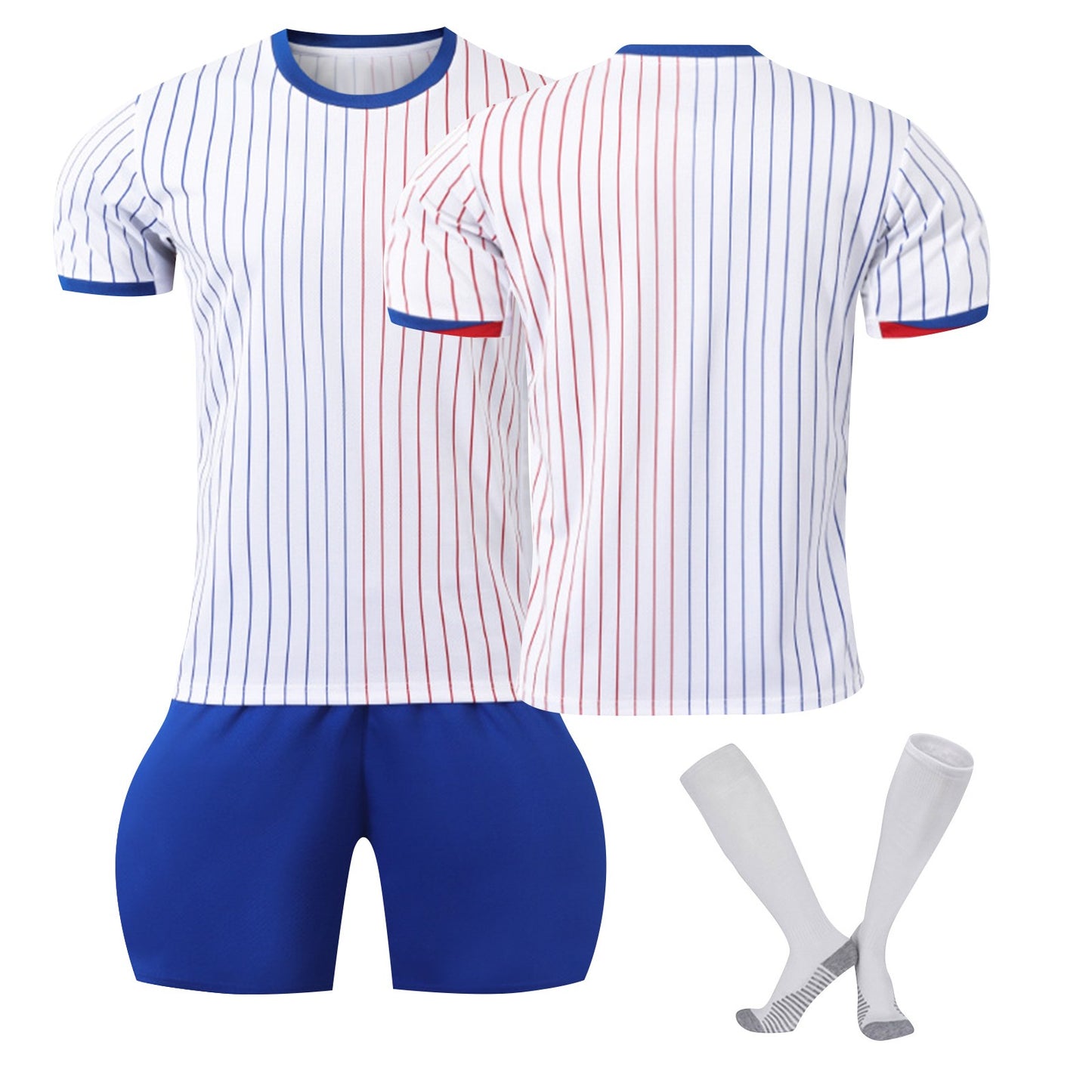 24-25 France Away Jersey 3 Piece Set White Socks with Striped Bottoms, Soccer Training Kit Printed Jersey Shorts Socks Set