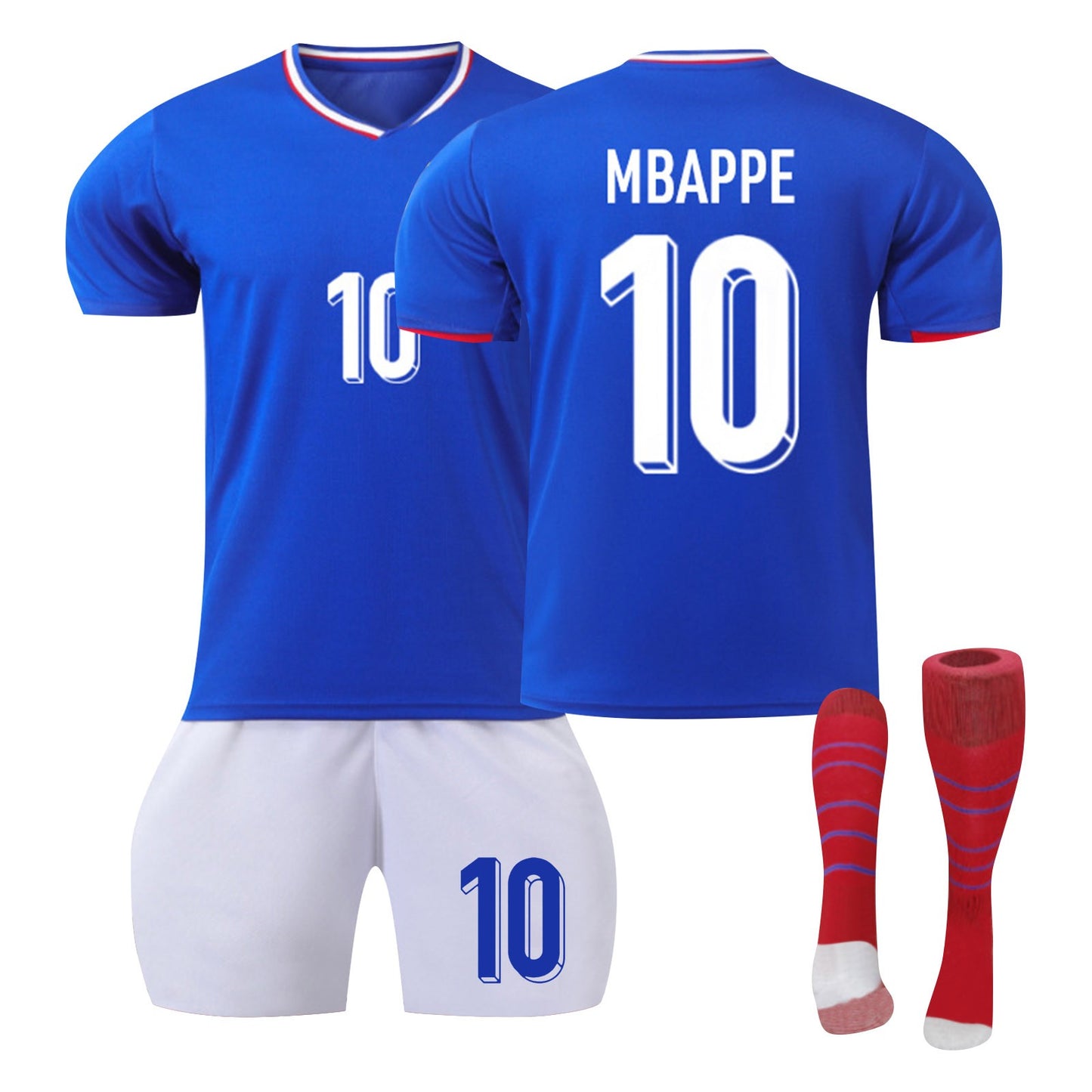 24-25 France Home Jersey 3 Piece Striped Red Socks Style 2 , Soccer Training Kit Printed Jersey Shorts Socks Set