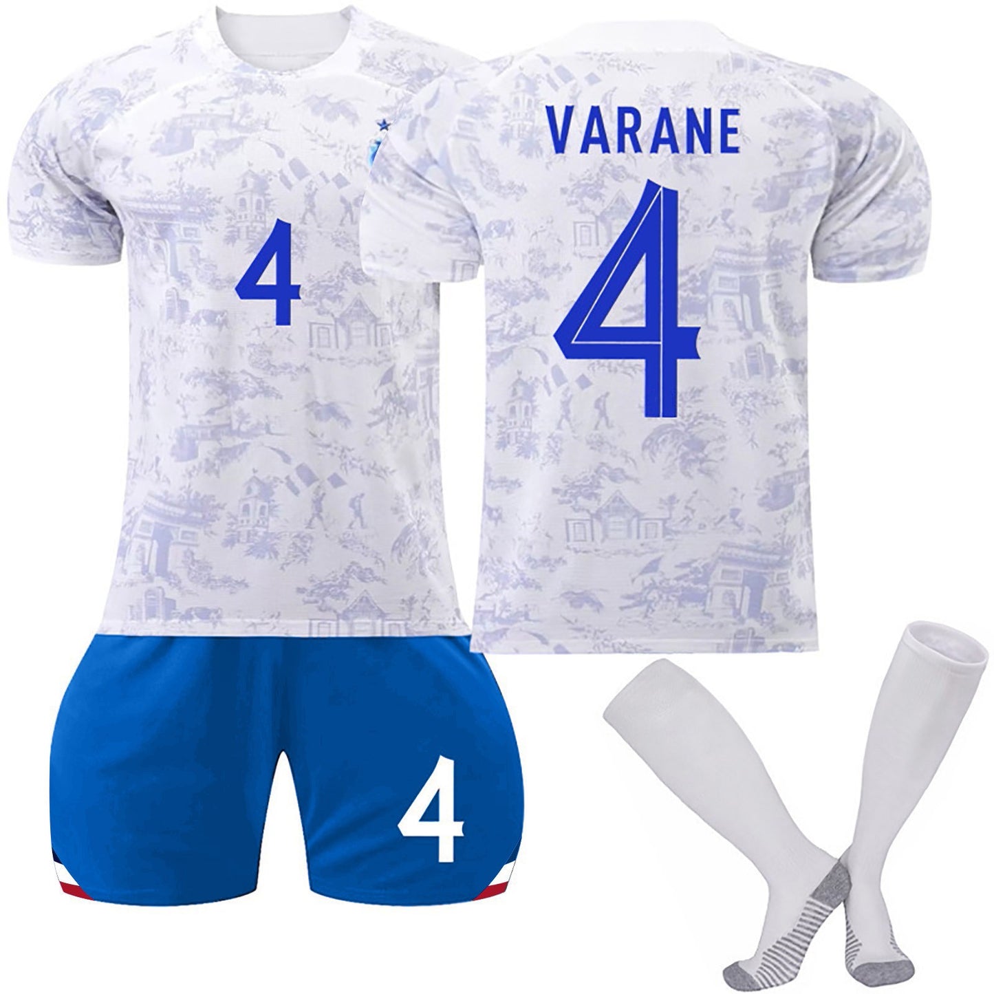 22-23 Season France Away National Football Team Jersey 3 Piece Set, Soccer Training Kit Printed Jersey Shorts Socks Set