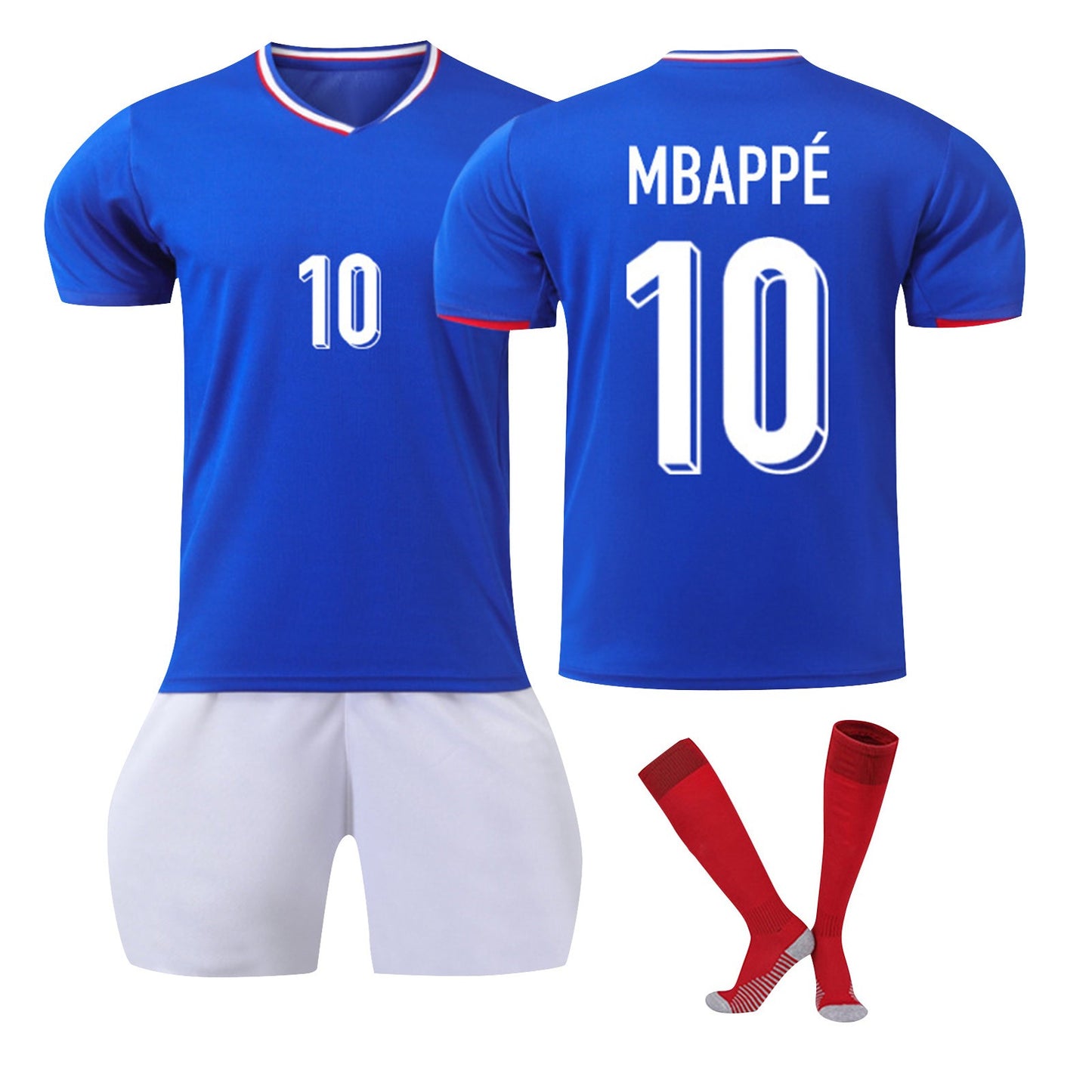 24-25 France Home Jersey 3 Piece Set Red Socks, Soccer Training Kit Printed Jersey Shorts Socks Set