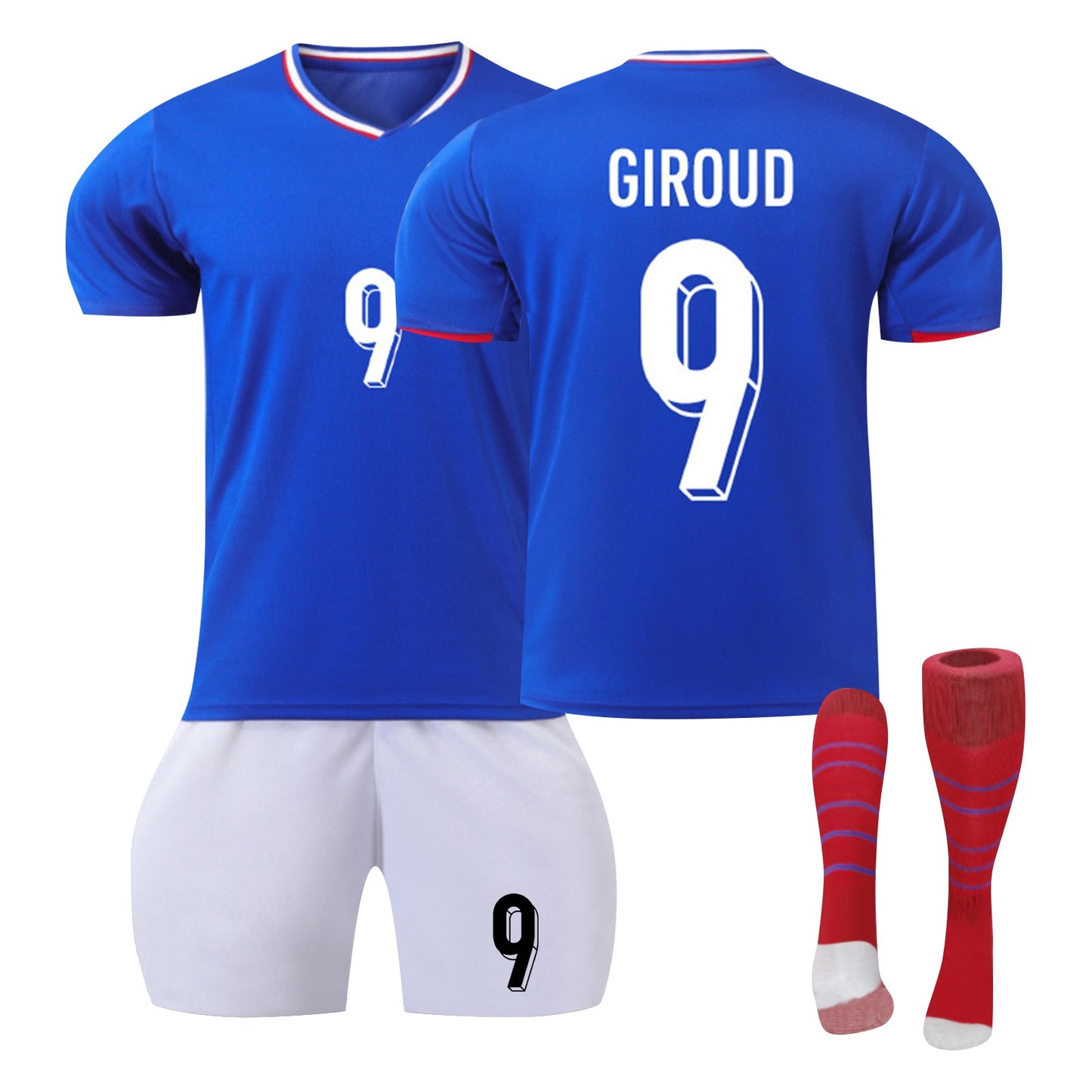 24-25 France Home Jersey 3 Piece Striped Red Socks Style 2 , Soccer Training Kit Printed Jersey Shorts Socks Set