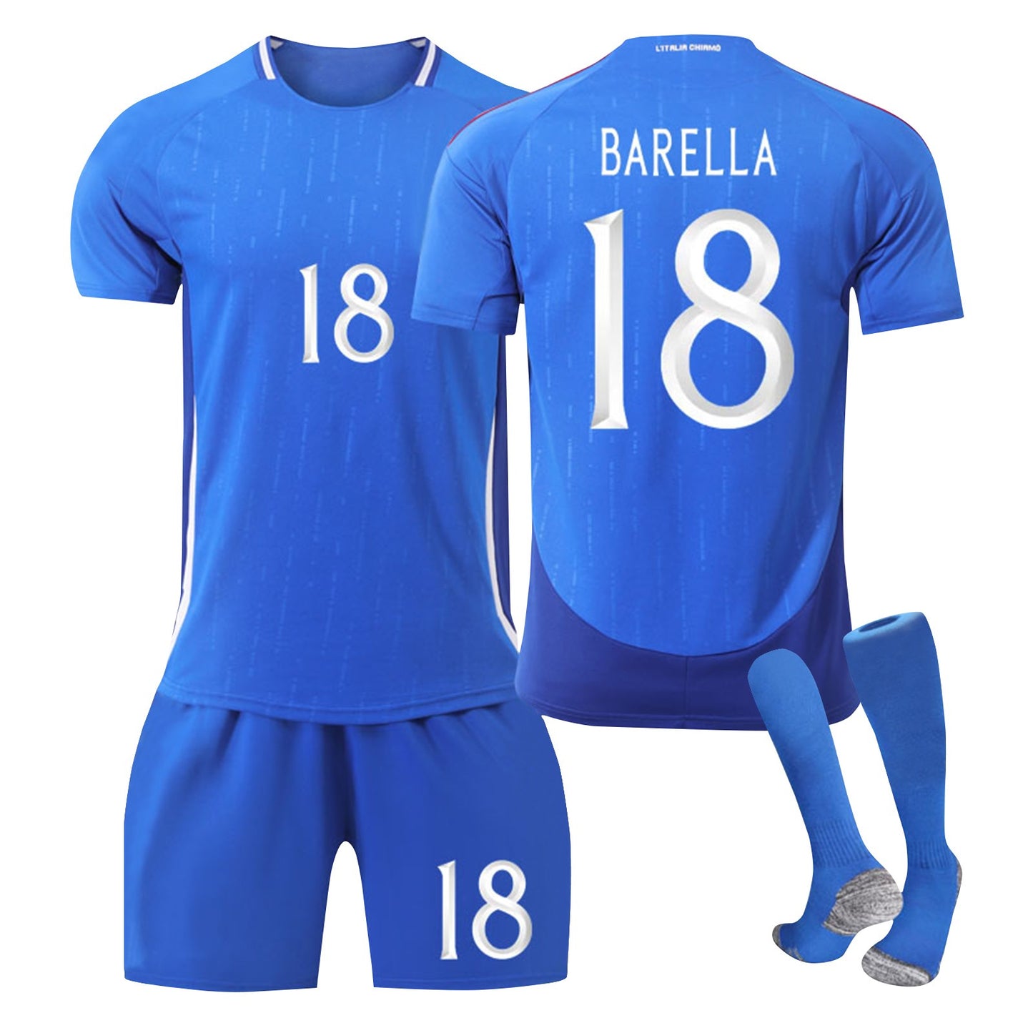 24-25 Italy Home Jersey 3 Piece Set Pure Grey Blue Socks, Soccer Training Kit Printed Jersey Shorts Socks Set