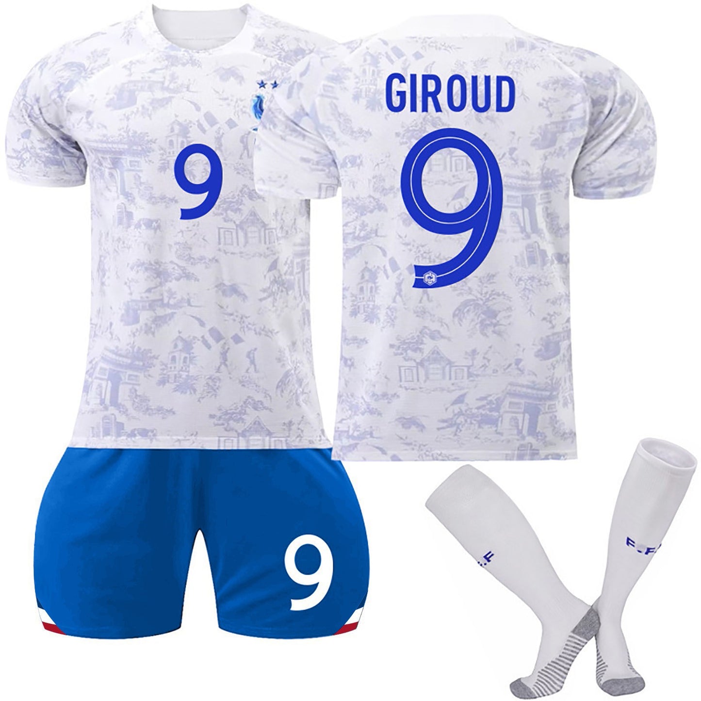 22-23 Season France Away National Football Team Jersey 3 Piece Set, Soccer Training Kit Printed Jersey Shorts Socks Set